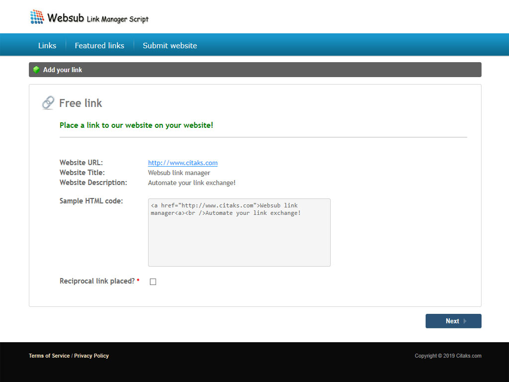 Websub reciprocal link manager PHP script - Screenshot 3