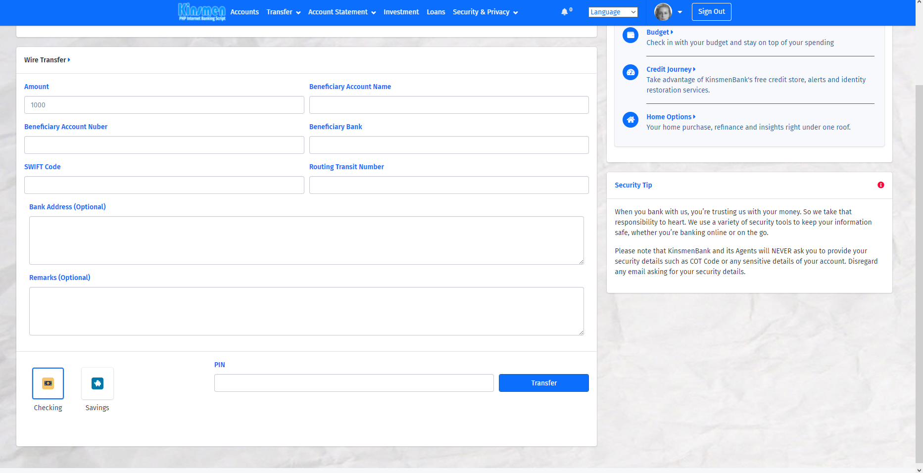 Kinsmen Internet Banking PHP Script - Screenshot 1