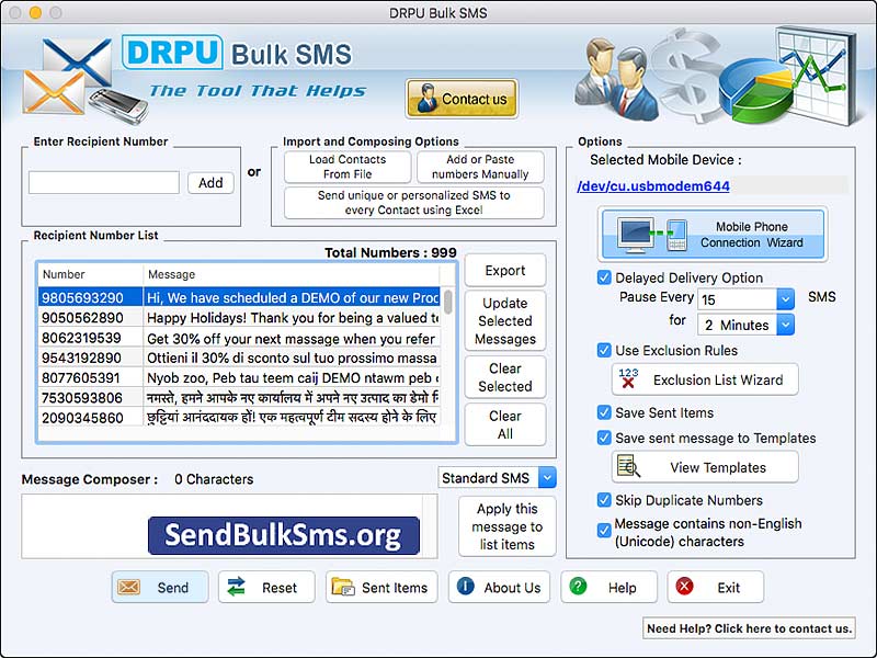 Mac Send Bulk SMS for GSM Mobile - Screenshot 1