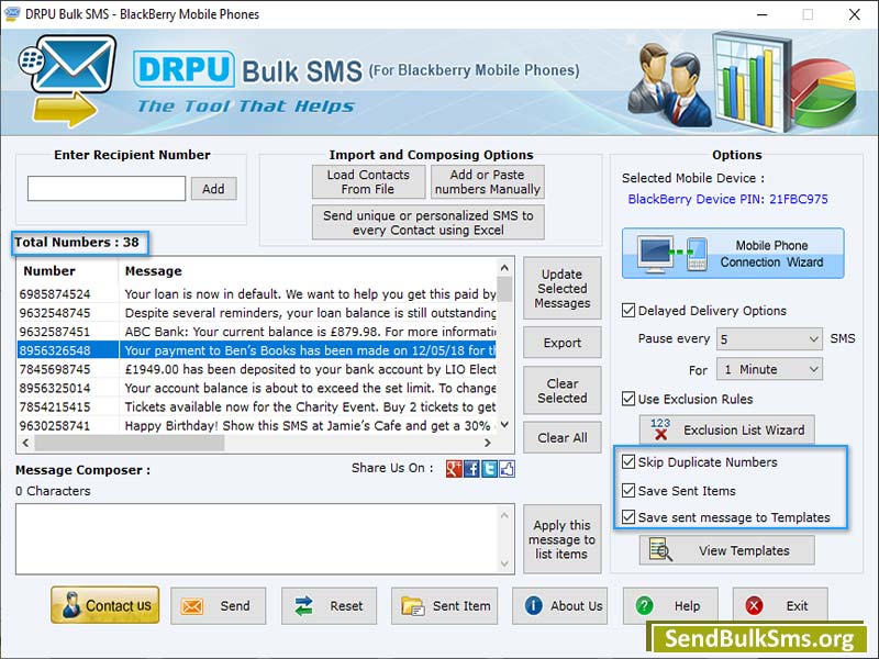 Send Bulk SMS for BlackBerry Mobile - Screenshot 1