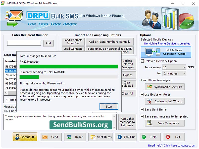 Send Bulk SMS for Windows based Mobile - Screenshot 1