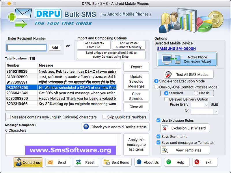 Mac Bulk SMS Android software - Screenshot 1